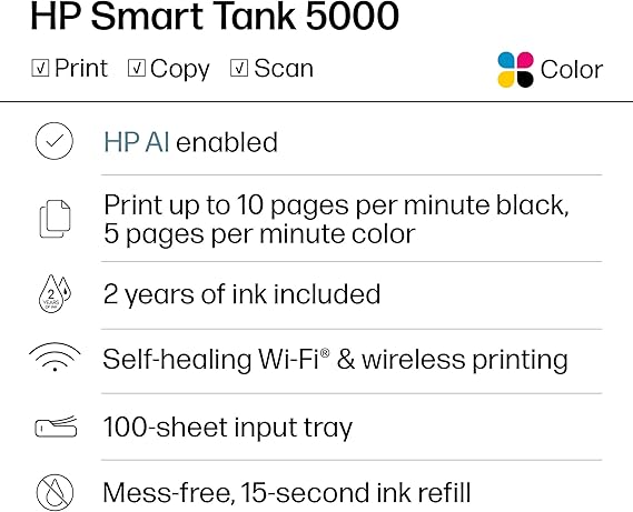 HP Smart Tank 5000 Wireless All-in-One Ink Tank Printer with up to 2 years of ink included, mobile print, scan, copy