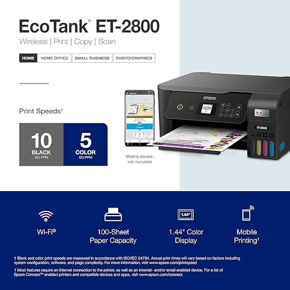 Epson EcoTank ET-2800 Wireless Color All-in-One Cartridge-Free Supertank Printer with Scan and Copy – The Ideal Basic Home Printer - Black, Medium