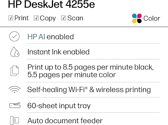 HP DeskJet 4255e Wireless All-in-One Color Inkjet Printer, Scanner, Copier, Best-for-Home, 3 Month Instant Ink Trial Included (588S6A)