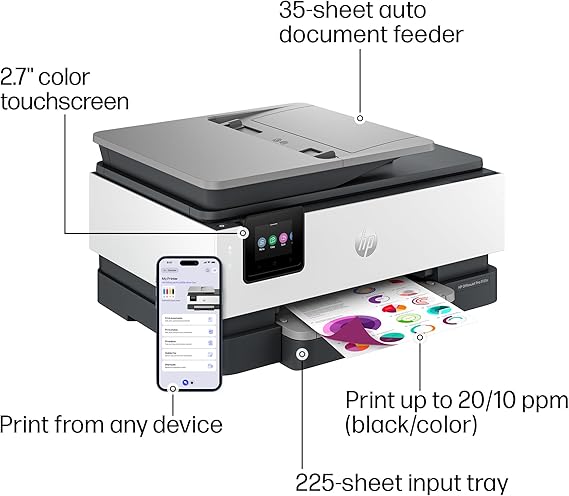 HP OfficeJet Pro 8125e Wireless All-in-One Color Inkjet Printer, Print, scan, Copy, ADF, Duplex Printing Best-for-Home Office, 3 Month Instant Ink Trial Included, AI-Enabled (405T6A)